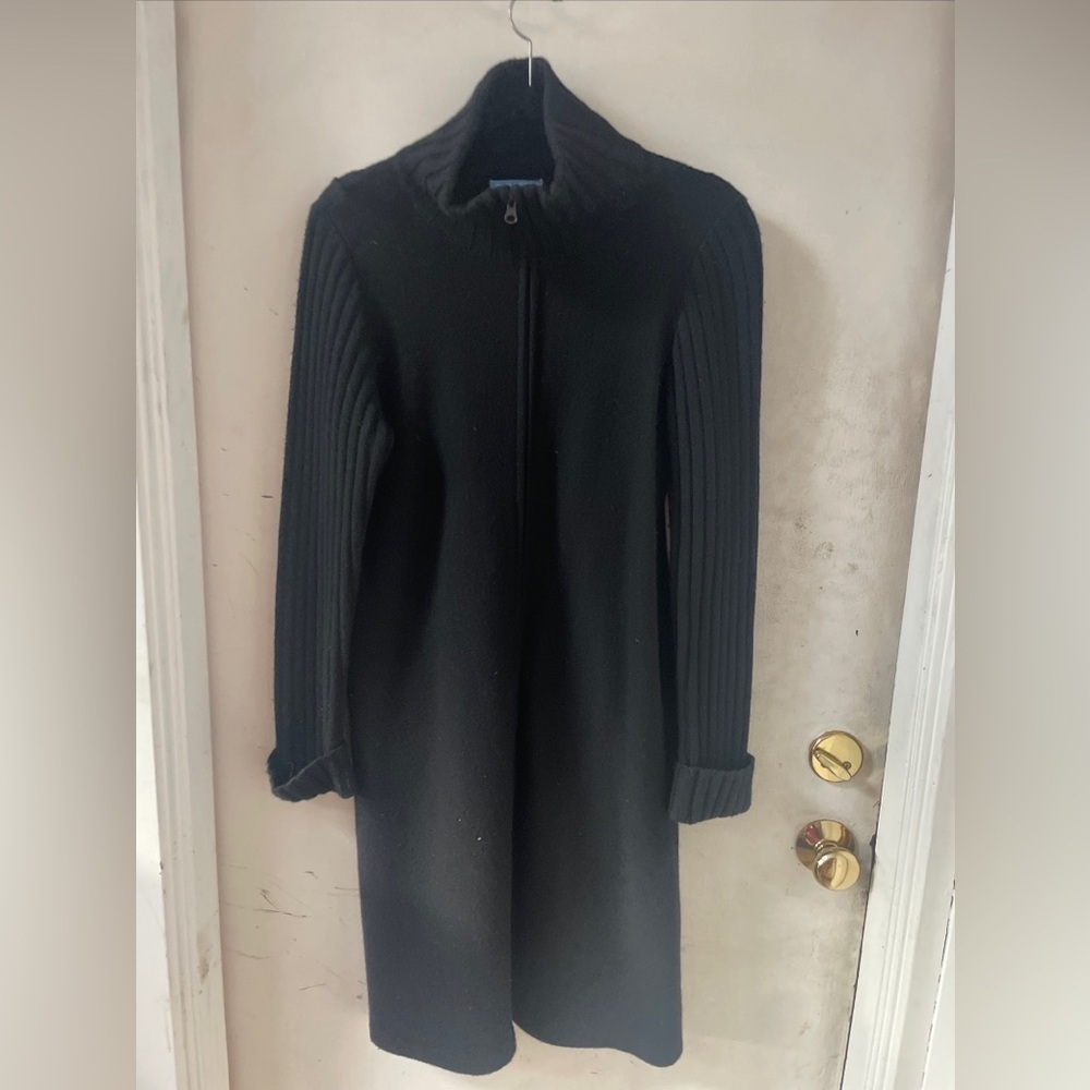 White + Warren Black 100% Wool Zipper Down Cardigan Sweater Dress Ribbed L/S L